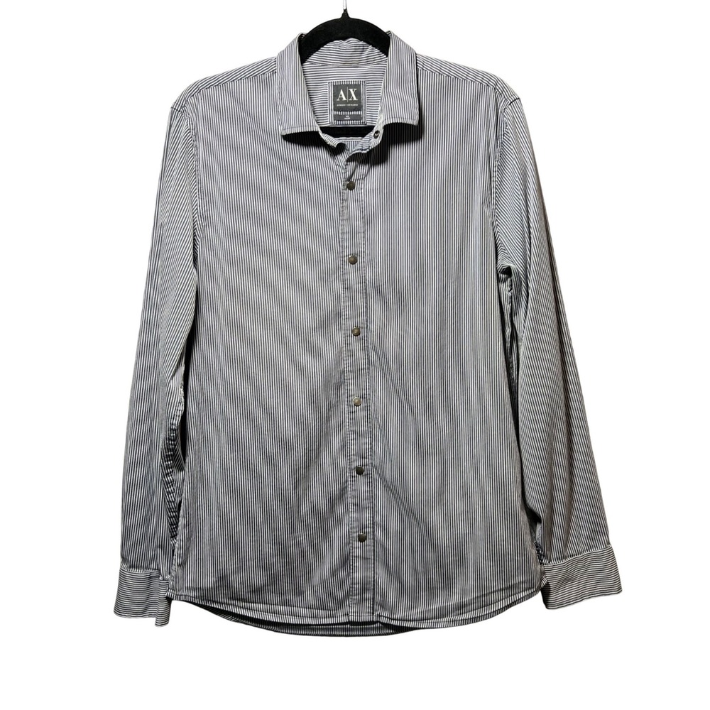 Armani Exchange Mens Slim Fit Micro Stripe Long Sleeve Button Up Shirt Blue
